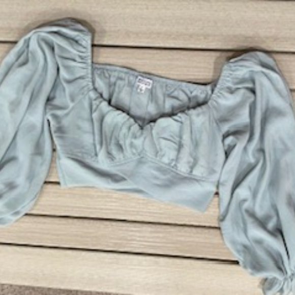 Beginning Boutique -Pistachio Ruched, On/Off Shoulder Long Sleeve Crop, Size 12 - Picture 5 of 6